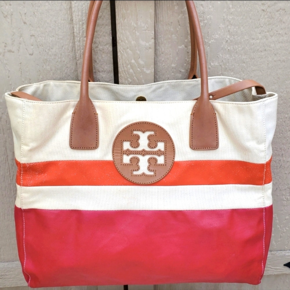 Tory Burch Leather & Dipped Canvas Colorblock Orange/Red Carryall Tote Bag Large